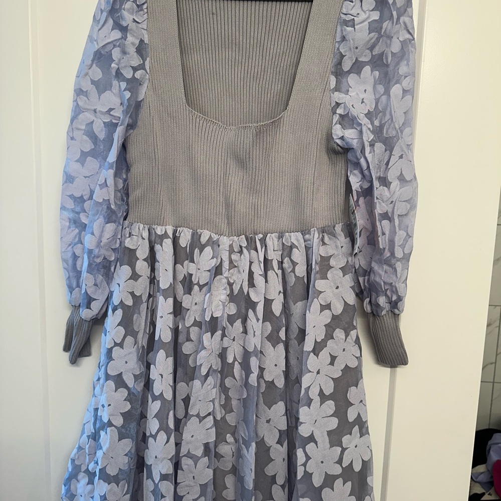 Floral Gray Dress with Sheer Sleeves